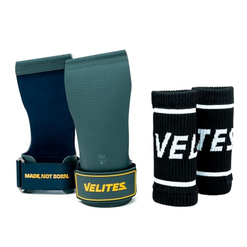 Velites - Official Crossfit® Games Quad Ultra Grips - No Chalk and Smooth Bars - Wristbands and Carry Bag Included - Pull-ups, Muscle-ups and Toes to bar - color: Green, size: Large