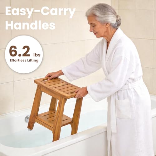 14" Compact Teak Shower Stool with Shelf & Handle - Waterproof, Non-Slip Bath Bench for Small Bathrooms/Tub/Outdoor Use, 300 lbs Capacity (Patented) - size: 14"W x 10" Dx 17"H