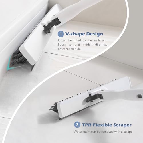 SetSail 4-in-1 Tile Tub Floor Scrubber with 52-inch Long Adjustable Handle Shower Cleaner Brush with V-Shaped Grout Brush and 3 Replacement Brush Heads for Bathroom Kitchen Walls Tub Tile, White Grey - color: White Grey, size: 2 Pads + V-Shaped Brush