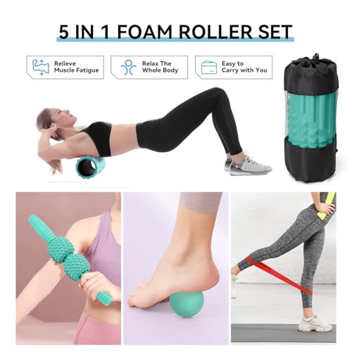 5 in 1 Foam Roller Set, High Density Patented Exercise Roller | Deep Tissue Massage Roller Stick, Massage Ball, Resistance Band for Pilates, Yoga, Whole Body Fitness Exercise,Tiffany Green - color: Tiffany Green