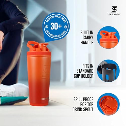 Ice Shaker Insulated Stainless Steel Shaker Bottle | 26oz, Orange Color Rush | Cold for 30+ Hours | Insulated Cup with Twist-on Agitator | Bottle for Protein Shakes, Smoothies, Cocktails - color: Orange Color Rush