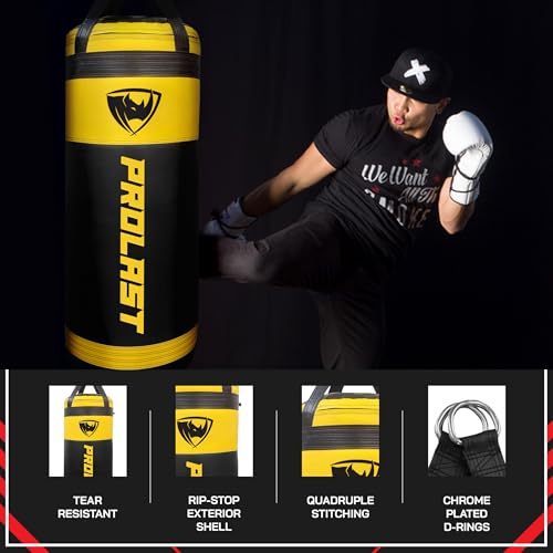 4Ft XL 135Lb Heavy Punching Kicking Bag for Adults, Boxing, MMA, Martial Arts, Muay Thai, Strength Training Equipment, Special Edition Rhino Logo - color: Yellow / Black, style: Unfilled