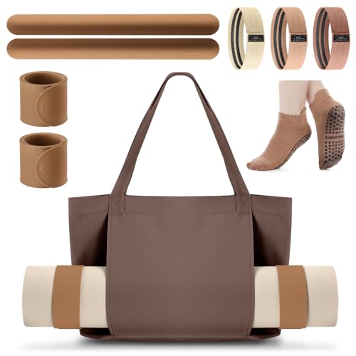 Halloscume Yoga Mat Bag Set for Women Including Yoga Tote Bag (Without Mat) Booty Resistance Bands Non Slip Sports Socks Silicone Ties for Pilates Travel Workout Office Home Gym - color: Brown