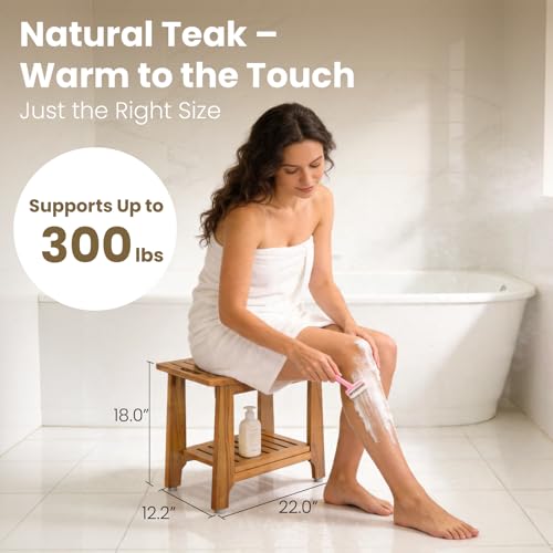 24" Large Teak Shower Bench with Shelf & Handle - Waterproof Spa Stool, Non-Slip Leveling Feet & 300 lbs Capacity - for Showers, Saunas/Steam Rooms & Outdoor Pools (Patented) - size: 24"W x 13" Dx 18"H