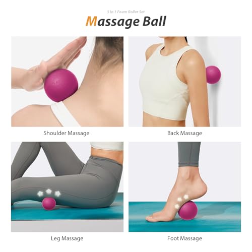 5 in 1 Foam Roller Set for Deep Tissue Muscle Massage, High Density Fitness Exercise Foam Roller, Massage Roller, Massage Ball, Resistance Band, for Whole Body (Pink-Black) - color: Pink-black