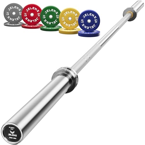 JELENS 7FT Bar Olympic Barbell, 1000lb Capacity Weight Bar for Strength Training, 2 Inch Strength Training Bar With Knurled Grip for Squats, Deadlifts, Presses, Rows, Curls - size: 7FT Olympic Barbell with 260 LB Colored Plates