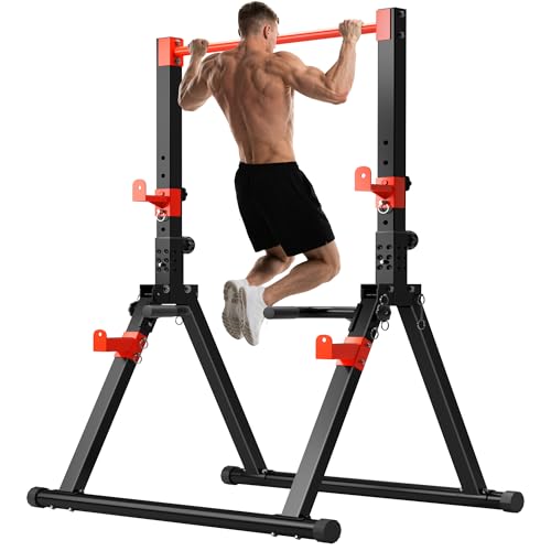 SogesHome Foldable Power Tower Dip Stand Pull Up Bar for Home Gym Exercise | Height Adjustable Multifunction Fitness Workout Station with Triangular Stability Design for Strength Training, Space Saving - color: Black Red