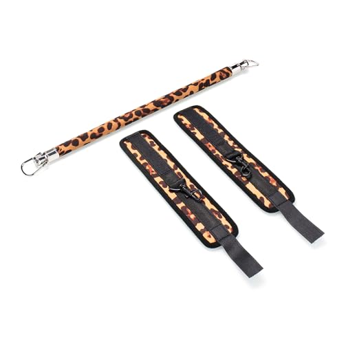 Fixed Wooden Leopard Spreader Bar with 2pcs PU Furry Leopard Detachable Adjustable Straps,Sports Aid Training Fitness Gear Pilates Aid Kit,Home Indoor Sports Yoga Set