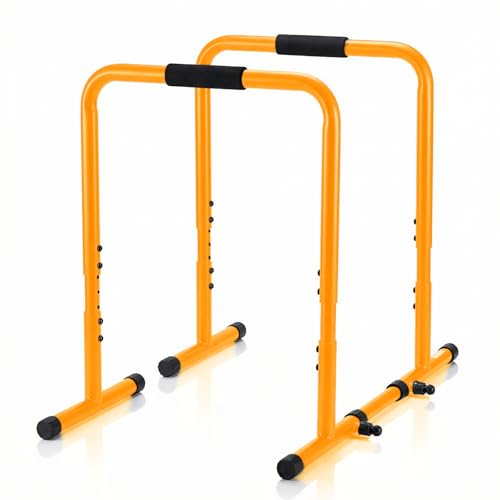 NEWBULIG Dip Bar Station, Adjustable Parallel Parallettes Bar with Soft High-Density Foam Handles, Heavy Duty Dip Stands Workout Equipment for Home, Gym, Patio, Office - color: Warm Yellow