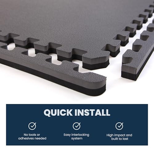 FlooringInc's 1" Thick Foam Tiles, 3'x3' or 2'x2' Reversable Interlocking Tiles, Ideal Yoga Mat, Gymnastics Mat, Workout Mat for MMA and Jiu Jitsu Training - color: Black/Gray, size: 10 - 3'x3' Tiles (90 Sq Ft)