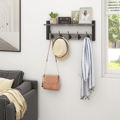 Homode Wall Hooks with Shelf, Coat Rack Wall Mount, Entryway Shelf with Hooks for Clothes, Backpack, Key, Purse - Rustic Grey - color: Rustic Grey, size: 17.1 Inch Long