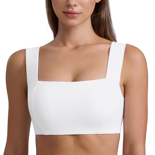 CRZ YOGA Butterluxe Wide Strap Sports Bras | Light Support, Removable Pads, Yoga, Extremely Soft, Square Neck, Front Split Line, for Women - color: White, size: XX-Small