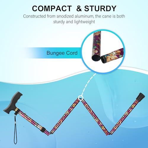 supregear Folding Cane, Lightweight 5-Level Adjustable Walking Stick with Wrist Strap and T-Handle, Portable Mobility Aid for Elderly and Disabled Men and Women - color: Floral Purple