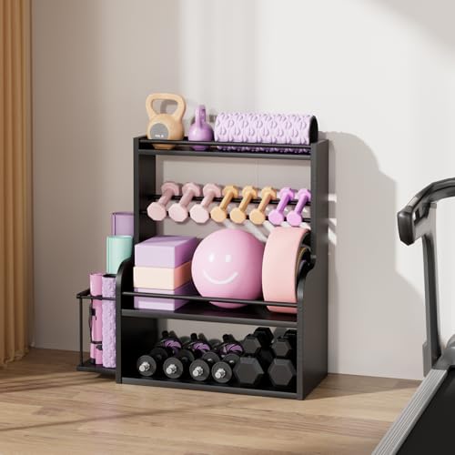 APRTAT Bamboo Dumbbell Rack, Adjustable Weight Rack for Home Gym, All-in-One Workout Equipment Storage for Dumbbells, Kettlebells, Yoga Mats & Balls - color: Black