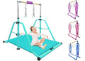 Foldable & Moveable Gymnastics Horizontal Bar with Rings,3’to 5’Adjustable Height Expandable Junior Kip Bar for Home,Indoor Gym Equipment for Kids - style: MAT-Teal with Rings