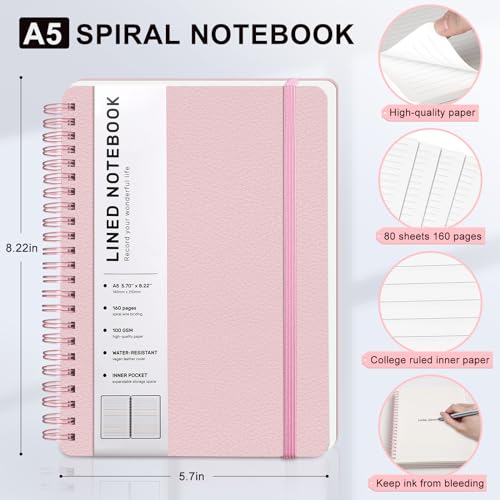 ABERLLS Lined Spiral Journal Notebook with 160 Pages, 8×5.7in, A5 Spiral Notebook, Journaling Notebooks for Work, School, Women, Men, College Ruled Spiral Notebook, Hardcover Leather Journals, Pink - color: Pink, size: A5