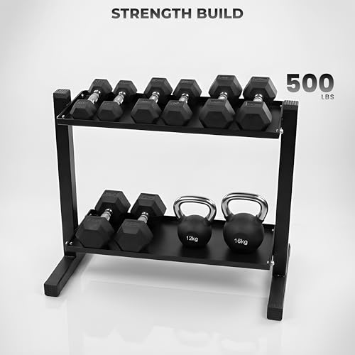 FEBTECH Heavy-Duty 2-Tier Kettlebell Rack, Gym Storage Rack for Kettlebells | Compact kettlebell rack design weight rack for home gym, steel weight storage racks organizer with secure weight holder Black