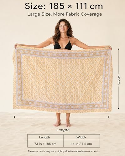 Beach Cover Ups for Women, Cotton Sarong Wrap Pareo | 100% Cotton Sarong Wraps For Women, 73 x 44 In. Pareo Beach Wrap, Bikini Cover Up, Bathing Suit Cover Up, Resort Wear - color: California Gold