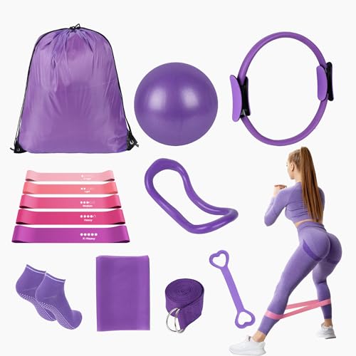 13 Pcs Pilates Essentials Kit for Women, Home Workout Equipment Set with 9.8” Ball, Magic Circle, Accessories, Perfect for Beginners to Toning & Fitness, Pink - color: Purple