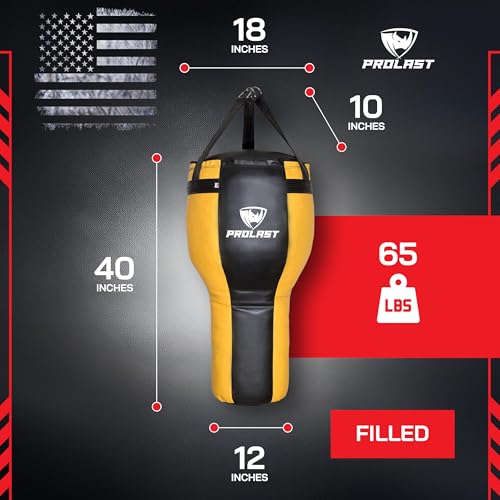 Angle Heavy Punching Bag for Adults, Hook and Uppercut, Boxing, MMA, Martial Arts, Muay Thai, 65 lbs, Rhino Logo - color: Black / Yellow, style: Filled