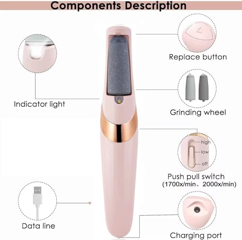 Electric Foot File, Rechargeable Callus Remover with 2 Roller Heads, Dual Speed, Pink