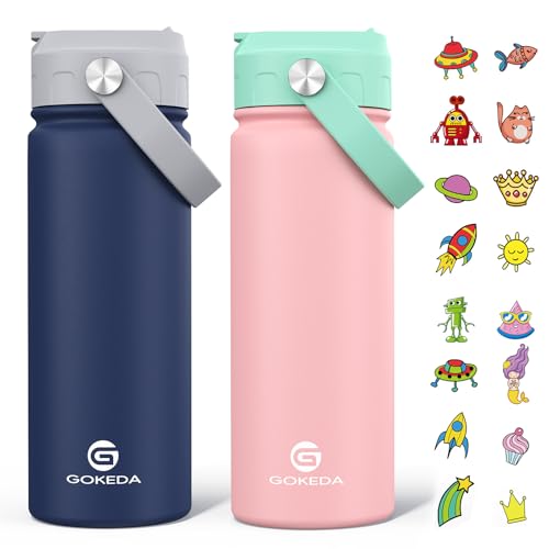 GoKEDA 18oz Kids Water Bottle, 2 Pack Insulated Bottles with Stickers, 18/8 Stainless Steel Vacuum Leak Proof Straw Cup for School, Gifts for Boys(Dark Blue, Pink) - color: Sapphire Blue+Pink