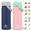 GoKEDA 18oz Kids Water Bottle, 2 Pack Insulated Bottles with Stickers, 18/8 Stainless Steel Vacuum Leak Proof Straw Cup for School, Gifts for Boys(Dark Blue, Pink) - color: Sapphire Blue+Pink