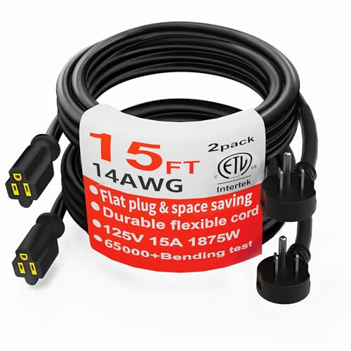 HUANCHAIN 14 Gauge 15 FT (2PACK) Flat Plug Extension Cord Black Indoor Outdoor, Heavy Duty 3 Prong Grounded Low Profile Extension Wire Flexible, 15A 1875W 125V 14AWG SJTW, ETL Listed - color: Black, size: 15 FT-2 pack