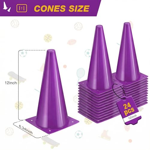 12 Inch Sports Cones Set of 24,Durable Training Cones for Soccer,Football, Basketball Drills - Multi-Purpose Agility Cones for Indoor & Outdoor Practice - color: purple