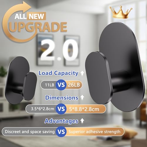 Aikzik Adhesive Hooks, 26LB Extra Strong Heavy Duty Wall Hooks for Hanging Coat, Robe, Towel, Dogs' Leads and Collars Stainless Steel Waterproof Stick on Bathroom/Shower, Door - 2 Pack (Matte Black) - color: Black-2