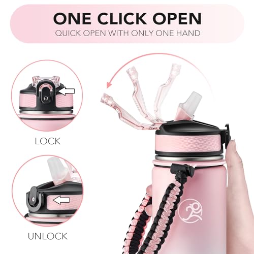 GOSWAG 24oz Insulated Stainless Steel Travel Water Bottle, 2 Lids | with straw and no straw, Paracord handle, Double-wall vacuum keeps drinks cold or hot, Leakproof tumbler - color: Pink-White Ombré