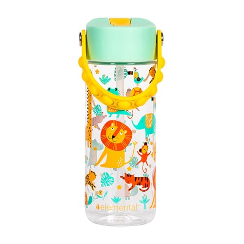Elemental Water Bottles for Kids - Splash Kids Water Bottle for School with Pop-it Handle - BPA Free Tritan Plastic Water Bottle with Straw Leak Proof when Spout is Closed - Clear Jungle - 18oz - color: Clear Jungle