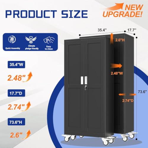 GAIOUS 73.6” Tall Metal Garage Storage Cabinet with Lock, Steel Tool Cabinet with 5 Adjustable Shelves, New Upgrade Lockable File Cabinet with Wheels, Organization for Home Office Garage Gym - Black - color: Black, size: 17.7"D x 35.4"W x 73.6"H