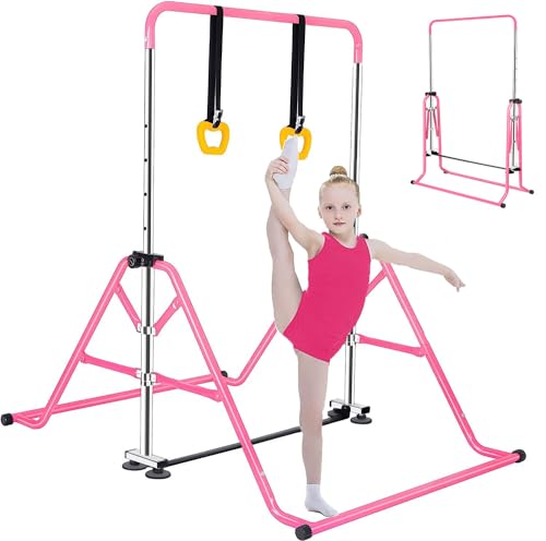 Gymnastics Horizontal Bar, Junior Training Kip Bar Gymnastics Equipment for Home, Adjustable Telescopic Height Folding Horizontal Bar with Gymnastic Rings for 3-12 Years Old Kids - color: Pink