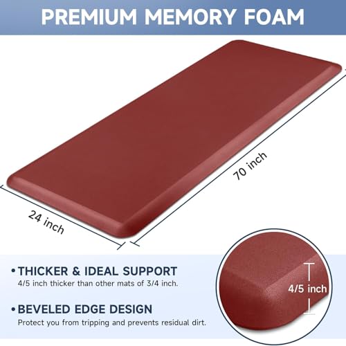 4/5 Inch Thick Kitchen Mats for Floor, StepRite Kitchen Rug for Standing Desk, Non-Slip, Thicker, Stain & Water Resistant, Comfort Anti Fatigue Floor Mat for Home, Kitchen, Office - Red,70 * 24'' - color: Red, size: 70"L x 24"W x 0.8"Th