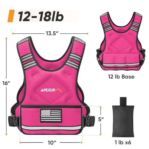 APEXUP Adjustable Weighted Vest, 4-10lb/12-18lb/20-32lb Vest with 6 Ironsand Weights and Large Pocket, Weight Vest for Men Women Strength Training, Running, Walking - color: Pink, size: 12-18lbs