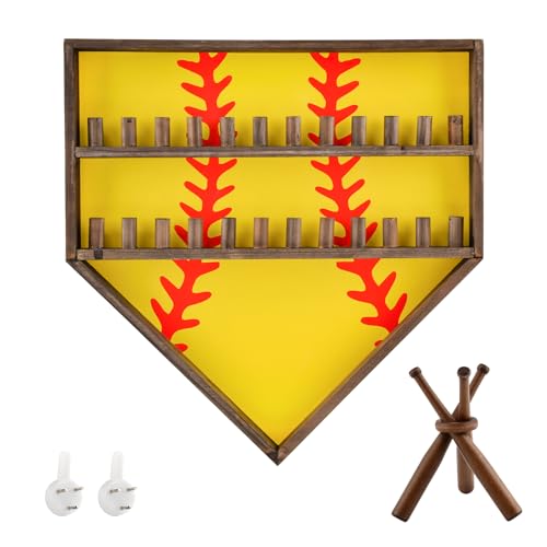 Wooden Championship Ring Display Case for 24 Rings with Medal Hooks | Wall Mounted Wood Ring Holder, Fits Most Ring Sizes, Includes Medal Hooks and Baseball Stand, For Sports Awards Room Decor