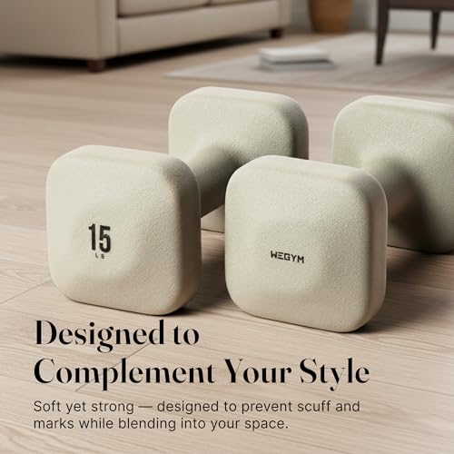 WeGym SafeGrip Square Dumbbells with Anti Slip Handles, Aesthetic Free Weights for Home Workouts, Stable Design Prevents Rolling during Floor Exercises - color: Sandstone, style: 15LB Pair