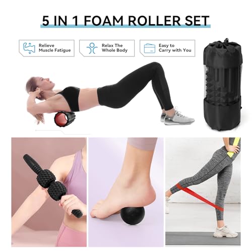5 in 1 Foam Roller Set, High Density Patented Exercise Roller | Deep Tissue Massage Roller Stick, Massage Ball, Resistance Band for Pilates, Yoga, Whole Body Fitness Exercise, Black - color: Black