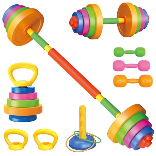 Kids Exercise Weight Set, Barbell and Dumbbell Workout Equipment, Toddler Beginner Gym Toy for Pretend Play Lifting Exercise & Fitness, Adjustable Fill with Sand or Water - size: 5-In-1
