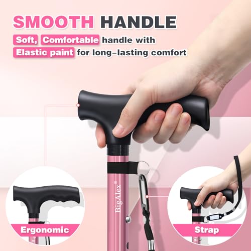 BigAlex Folding Walking Cane for Elderly Adjustable & Portable Walking Stick for Seniors,Pivoting Quad Base,Lightweight,Collapsible with Carrying Bag for Men/Woman - color: Pink(4'9"-5'6")