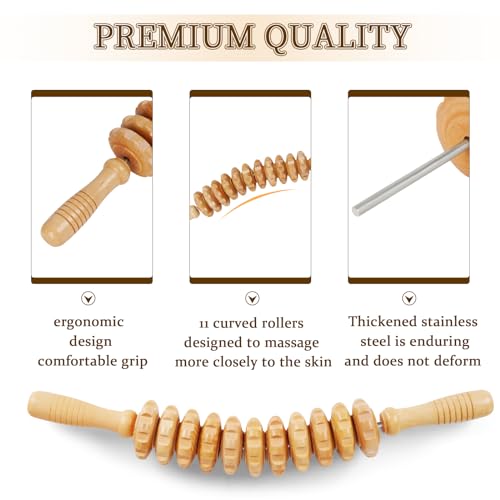 Liitrton Wooden Massage Roller for Legs, Curved Massage Roller Stick | Smooth Body Roller, Wood Therapy Massage Tools for Trigger Points Relief, Sore Muscle Recovery - color: Curved-11-wheel