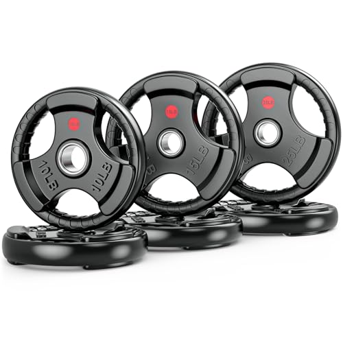 Gikpal Olympic Weight Plates, 2-Inch Three-Grip Rubber Coated Barbell Plates with Steel Hub, Cast Iron Weights for Strength Training & Home Gym, Pair or Sets (2.5–45LB) - style: 100LBS Set (Pair of 10, 15, 25lb)
