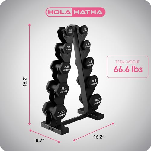 HolaHatha 1, 2 and 3 lb Neoprene Dumbbell Strength Training Weight Set with Rack - color: Black, size: 56 LB