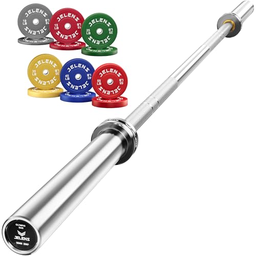 JELENS 7FT Bar Olympic Barbell, 1000lb Capacity Weight Bar for Strength Training, 2 Inch Strength Training Bar With Knurled Grip for Squats, Deadlifts, Presses, Rows, Curls - size: 7FT Olympic Barbell with 370 LB Colored Plates