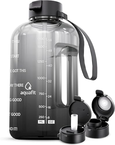 AQUAFIT Half Gallon Water Bottle with Motivational Quotes | BPA Free 64 oz Water Bottle with Straw and Chug Lids - Leakproof Gym Water Bottle with Carry Handle (Midnight Gray) - color: Midnight Gray, style: 64 oz - 2 Lids
