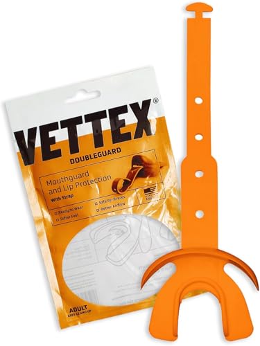Vettex DoubleGuard Mouth Guard with Lip Protection, Orange | Football, Lacrosse, MMA, Boxing, Adjustable Helmet Strap, Braces Friendly, 2 Breathing Channels, NCAA & NFHS Certified - color: Orange