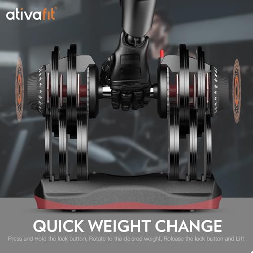 ATIVAFIT Adjustable Dumbbells Set, 5–88LB Quick Adjust Free Weights with Double Safety Lock & Anti-Slip Steel Handle, Space Saving Home Gym Equipment for Full Body Strength Training - color: 66LBS-Red, size: Single