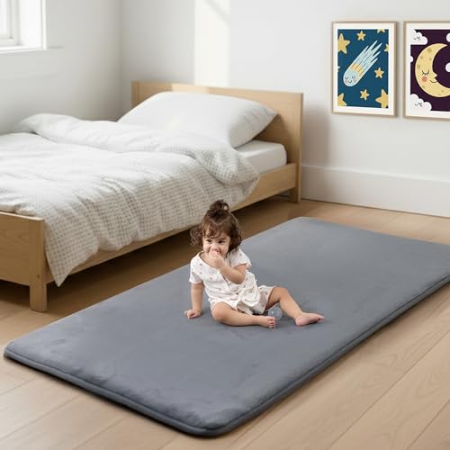 1.3" Thick Baby Bedside Floor Mat for Bedroom, Basic Padded Foam Soft Plush 28x72 Runner Rug with Non Slip Cushioned for Nursery Playroom (Dark Grey) - color: Dark Grey, size: 28"x72"x1.3"