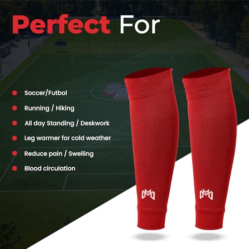 MediCaptain Pre Cut Soccer Sock Sleeves, Companion for Soccer Grip Socks, Securely Holds Shin Guards, Compression Leg Warmer - color: Red